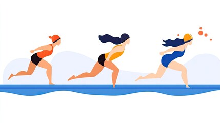 Three female swimmers in motion, transitioning from running to diving into water, with waves in background