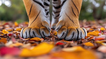 Close-up of a tiger's paws on colorful autumn leaves, showcasing nature's beauty and wildlife