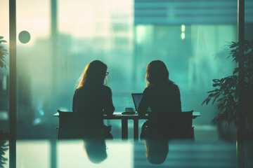 Two women discussing project plans, laptop open on table, office setting with papers and pens scattered around.