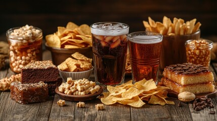 Fototapeta premium Unhealthy snacks, drinks, wooden table, dark background, food photography