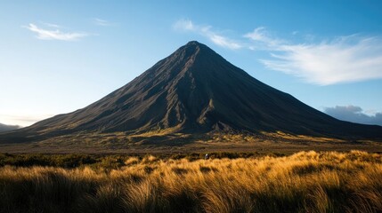 Majestic Mountain Peak Rising Above Golden Grassland under a Clear Blue Sky