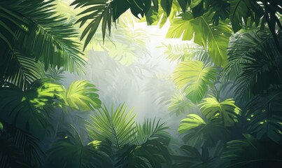Lush tropical jungle foliage, sunlight filtering through leaves, misty background, ideal for travel brochures