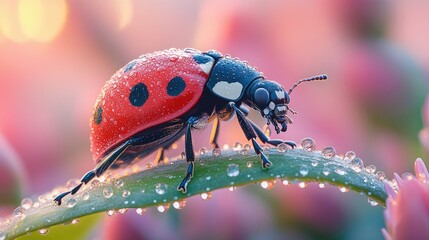 Close-up of a ladybug on a dewy leaf amidst blooming flowers in a serene garden