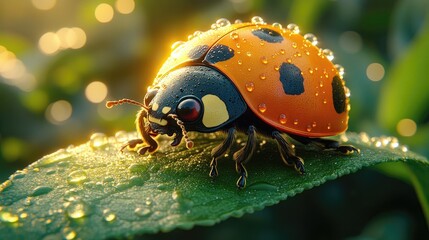 Close-up of a vibrant ladybug with droplets on a green leaf, set against a blurred natural background