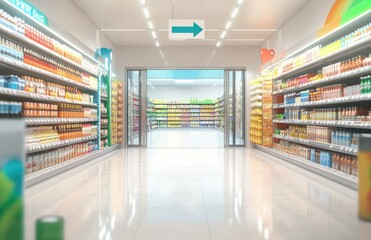 Empty supermarket aisle, looking through glass doors, shelves of food.  Possible use Stock photo