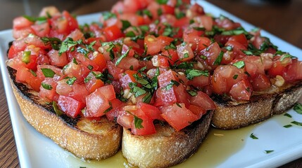 Freshly prepared bruschetta topped with diced tomatoes and herbs on a white plate