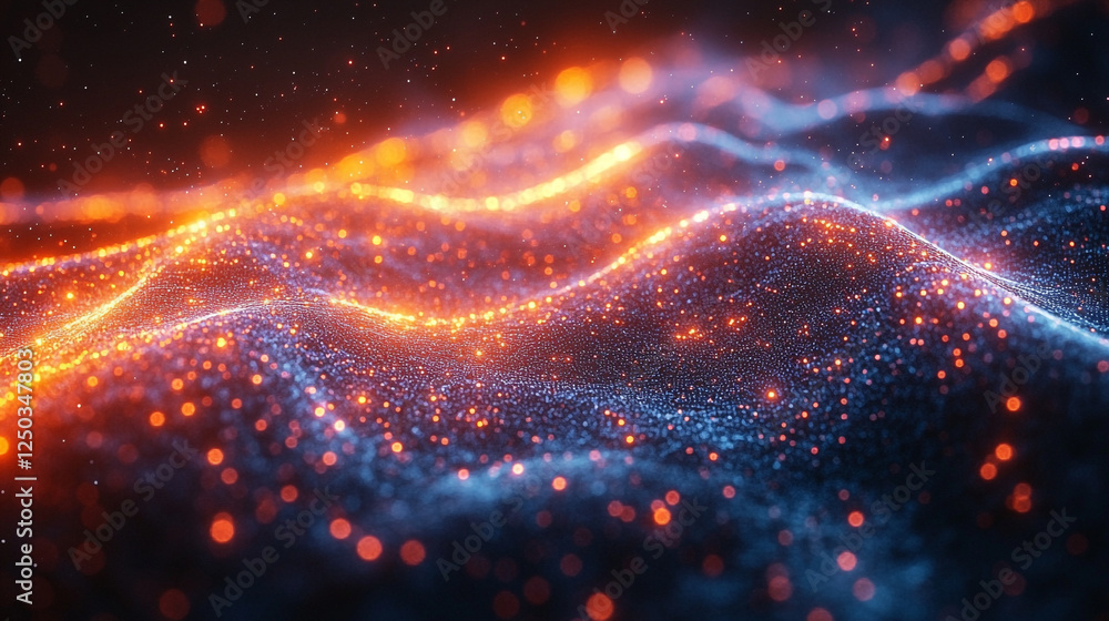Poster abstract blue orange glowing particle wave background digital art design texture light shiny space