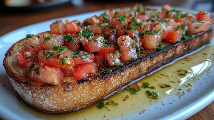 Delicious bruschetta topped with fresh tomatoes and herbs on a rustic wooden table