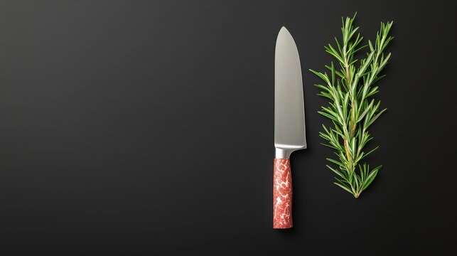 A knife is on a black background with a sprig of rosemary next to it