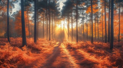 Sun-Drenched Path Through Autumnal Woodland with Golden Light