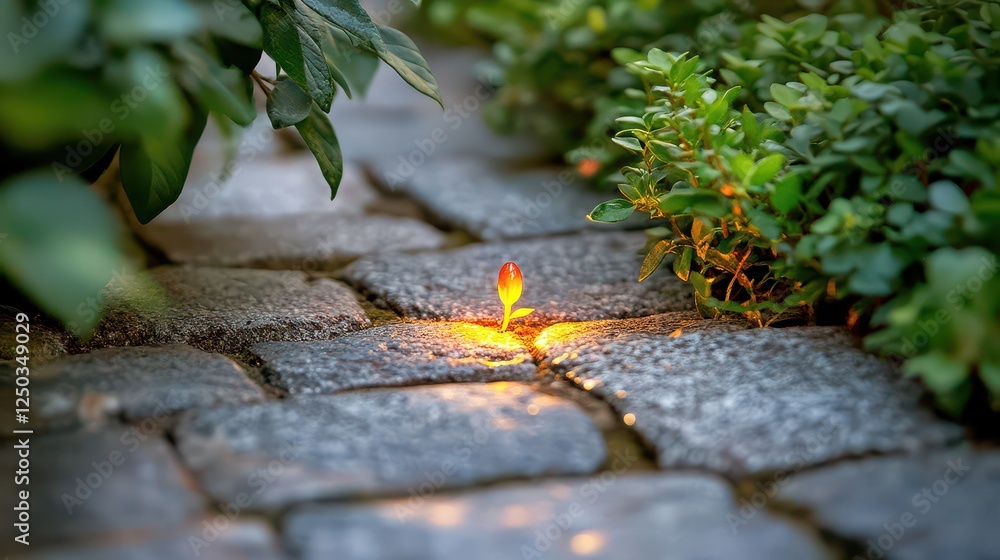 Poster a small sprout emerges from a cobblestone path, illuminated by soft light, surrounded by greenery