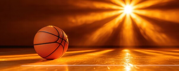 Basketball on court with dramatic lighting