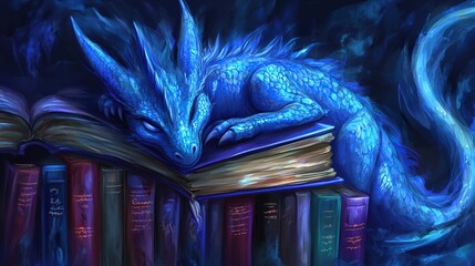 Blue dragon sleeping on books in dark library, fantasy illustration