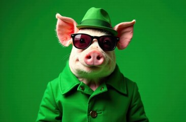 Stylish pig in a green coat and sunglasses, wearing a hat, with a cocktail monochrome green background, commercial photography