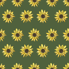 Seamless pattern with sunflower flower on color background. Watercolor. Handmade. Can be used on fabric, textile, wallpaper, wrapping paper