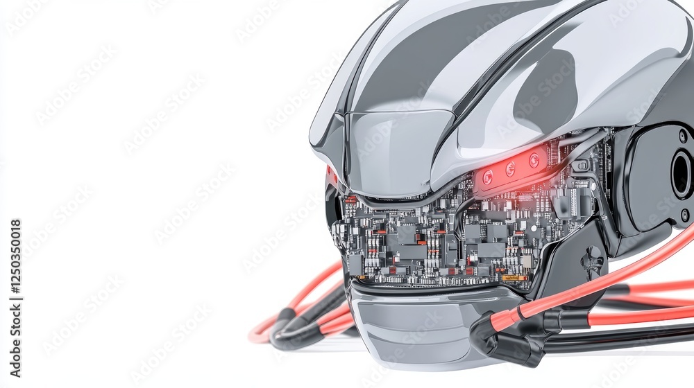 Poster futuristic robotic helmet showcasing intricate circuitry and glowing elements.
