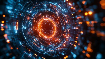 Abstract Digital Tunnel Orange Blue Glowing Lines Technology Background Futuristic Design Circular  