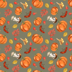 Watercolor pattern with mushrooms, berries on a colored background. Handmade. Can be used on fabric, textile, wallpaper, wrapping paper