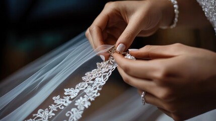 Obraz premium Bride adjusting intricate lace details on wedding veil while preparing for ceremony indoors