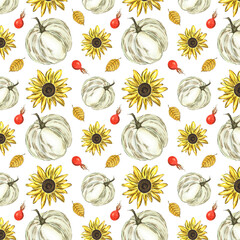 Watercolor pattern with pumpkin, flower, berry on white background. Handmade. Can be used on fabric, textile, wallpaper, wrapping paper