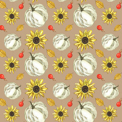 Watercolor pattern with pumpkin, flower, berry on a colored background. Handmade. Can be used on fabric, textile, wallpaper, wrapping paper