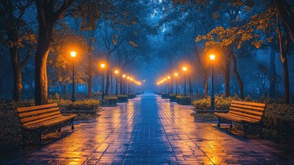 Naklejka premium Serene evening scene of a dimly lit park pathway lined with glowing street lamps and benches