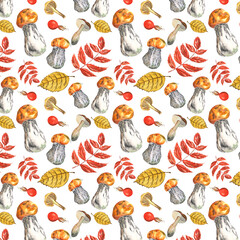 Watercolor pattern with mushrooms and autumn leaves on white background. Handmade. Can be used on fabric, textile, wallpaper, wrapping paper
