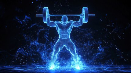 Futuristic digital athlete lifting a barbell against a dark background with glowing particles