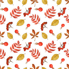 Watercolor pattern with berries and leaves on white background. Handmade. Can be used on fabric, textile, wallpaper, wrapping paper