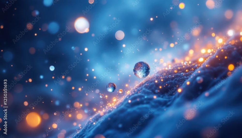 Poster abstract blue and orange bokeh with sparkling particles on a wavy surface
