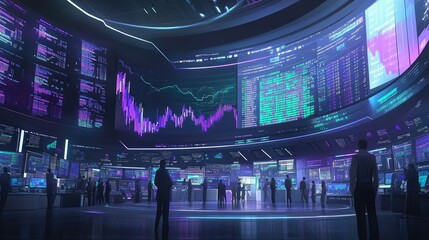 A D-rendered conceptual image of a digital stock exchange with animated graphs and market depth