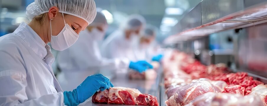 Meat Processing Plant Worker in Surgical Mask and Gloves Handling Beef