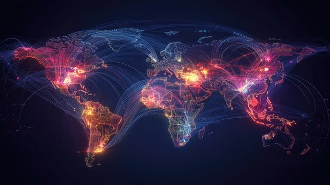 A conceptual global economy network with digital money transfers, financial data visualization, and trade routes