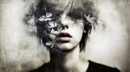 Expression of emotions through a floral arrangement on a person's face in an artistic portrait
