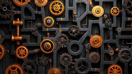 Fototapeta premium Intricate Maze of Gears Cogs and Mechanisms in Industrial Machine Background