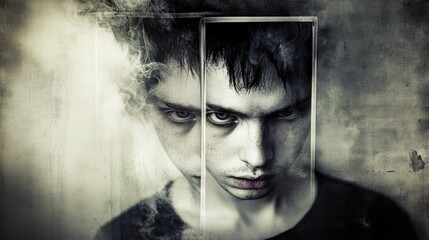 Dark and haunting portrait of a young man with eerie expression and foggy background