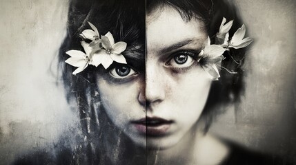 Young woman with flowers in her hair showcasing contrasting expressions and moods in a creative portrait