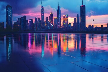 Obraz premium Captivating Cityscape at Dusk with Vibrant Reflections on the Water Surface