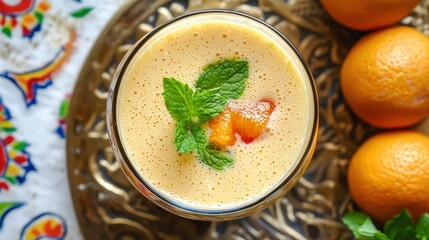 Refreshing citrus smoothie with mint garnish.
