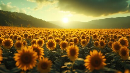 Fototapeta premium Golden Radiance: A Sunflower Field Bathed in the Warmth of the Setting Sun