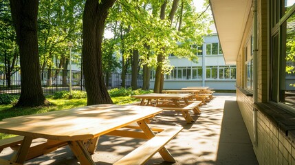 Fototapeta premium Sunlit picnic area with wooden tables outdoors.