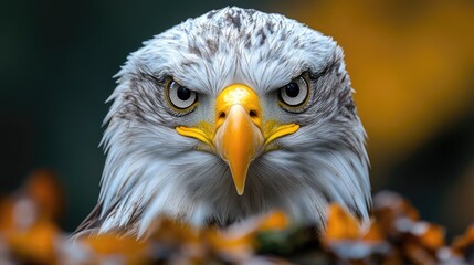 Close-up of a majestic eagle with intense gaze surrounded by autumn foliage in a natural setting