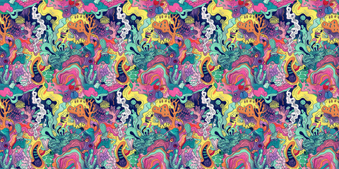 Fototapeta premium Cartoon hand-drawn doodles on the subject of summer holidays theme seamless pattern