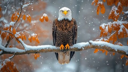 Majestic bald eagle perched on a snow-covered branch amidst falling snowflakes and autumn leaves