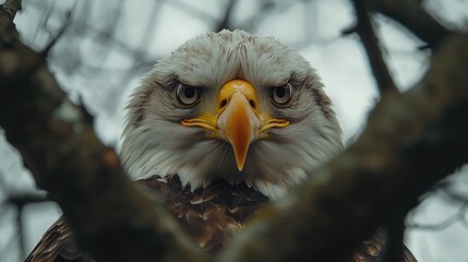 Close-up of a majestic eagle perched on a tree branch, showcasing its intense gaze against a blurred background