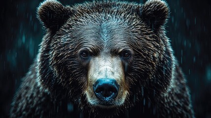 Close-up of a majestic bear in a rain-soaked forest, showcasing its intense gaze and wet fur