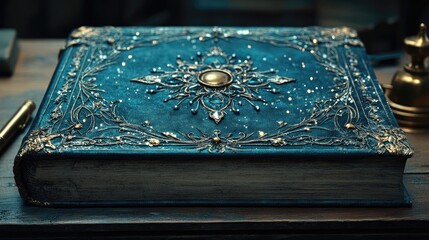 Ornately designed vintage book resting on a wooden desk with a brass lamp in a cozy study