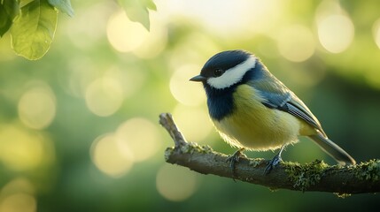 Obraz premium Great Tit Perched On Branch In Sunlight