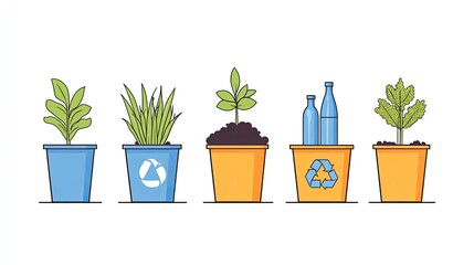 Colorful illustration of potted plants with recycling symbols, showcasing eco-friendly gardening