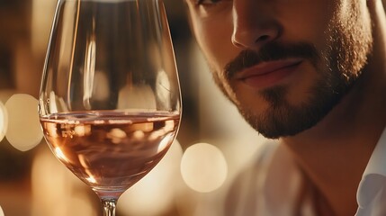 Man with beard enjoying a glass of rose wine